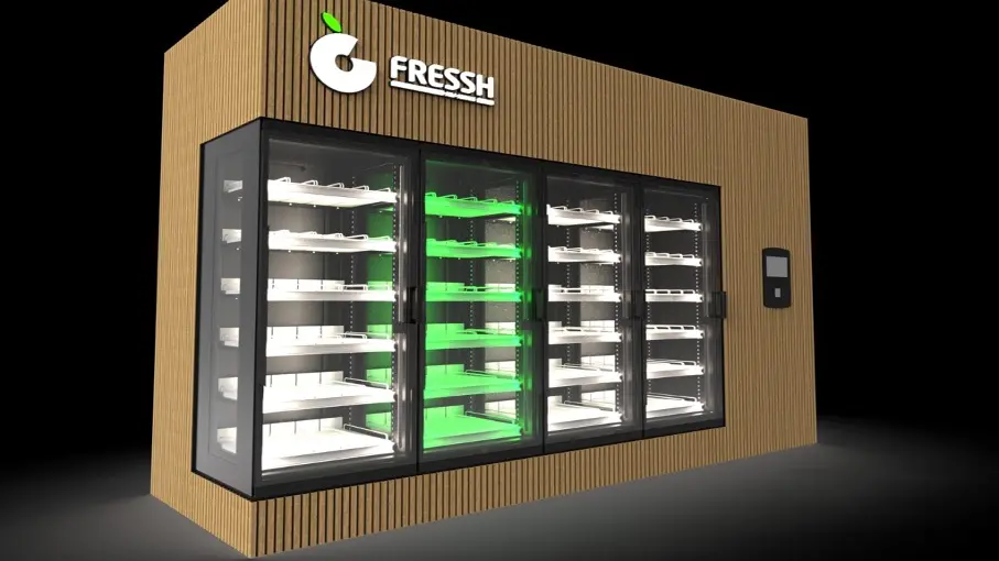 Smartfridge-opstelling met glazen deuren en gekoelde productvakken